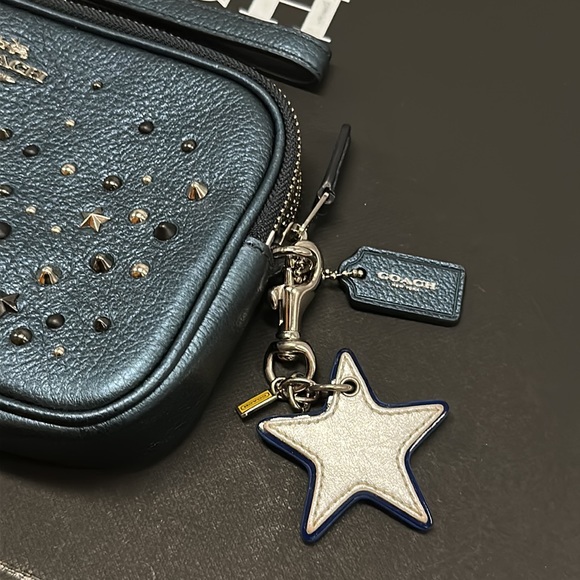 Coach Crossbody Metallic Blue Studded Rivets Star NASA Wristlet Bag Purse Wallet - Picture 15 of 15